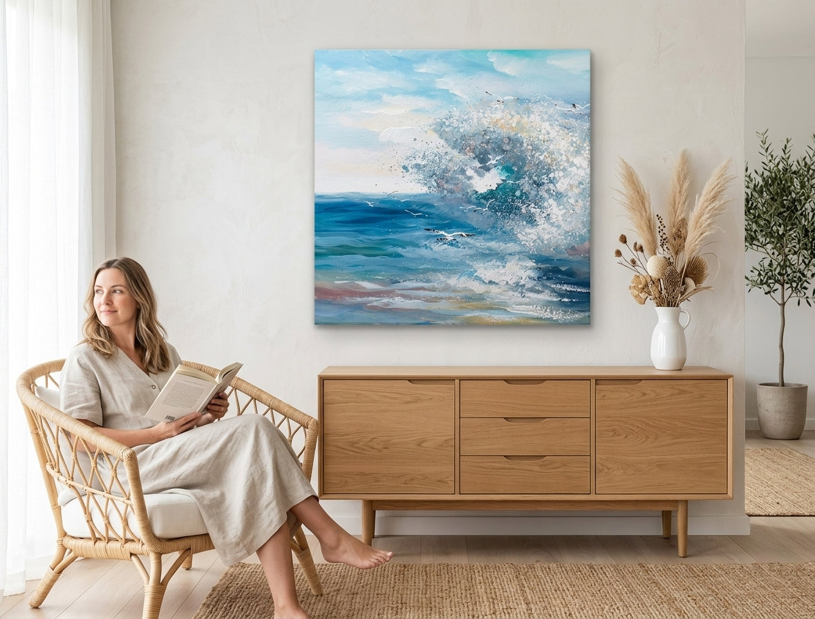 U boho stilu slika na platnu s motivom MORSKÉ VLNY, okean, talas, nebo, mapa u belo-plavih nijansama okačena u enterijeru dnevnog boravka, priroda i primorski život – enterijer