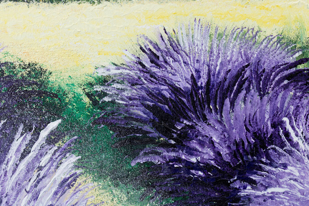 U boho stilu slika na platnu s motivom drvo, nebo, oblaci, pejzaž, cveće u ljubičasto-plavih nijansama, mirna atmosfera, priroda, pogodan za kuhinje – proizvod, pogled 4
