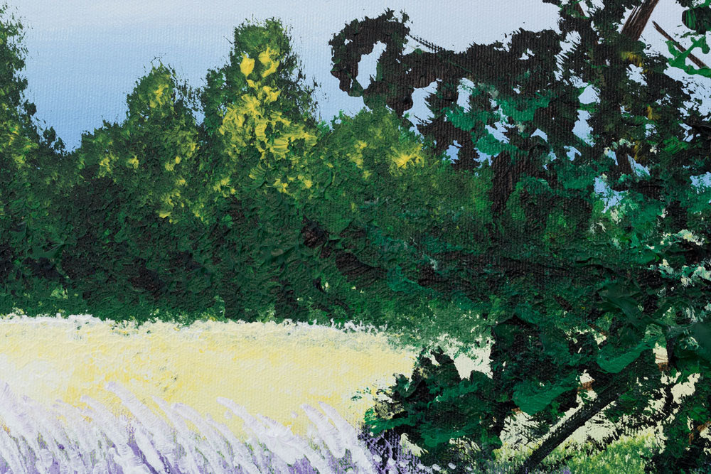 U boho stilu slika na platnu s motivom drvo, nebo, oblaci, pejzaž, cveće u ljubičasto-plavih nijansama, mirna atmosfera, priroda, pogodan za kuhinje – proizvod, pogled 6