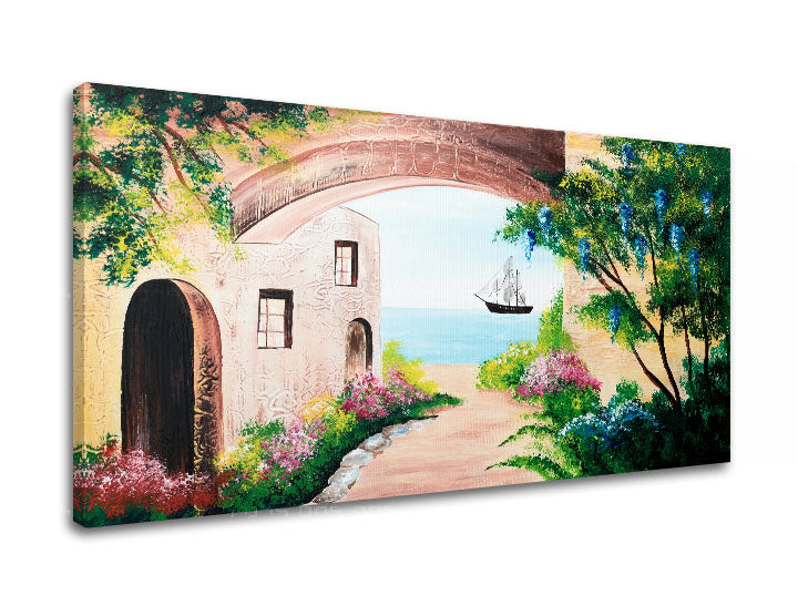 U boho stilu slika na platnu s motivom okean, bašta, cveće, more i plaža, priroda u bež-smeđih nijansama, mirna atmosfera, pogodan za hodnika – proizvod, pogled 2