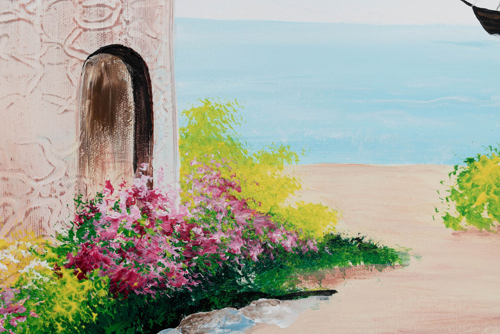 U boho stilu slika na platnu s motivom okean, bašta, cveće, more i plaža, priroda u bež-smeđih nijansama, mirna atmosfera, pogodan za hodnika – proizvod, pogled 3