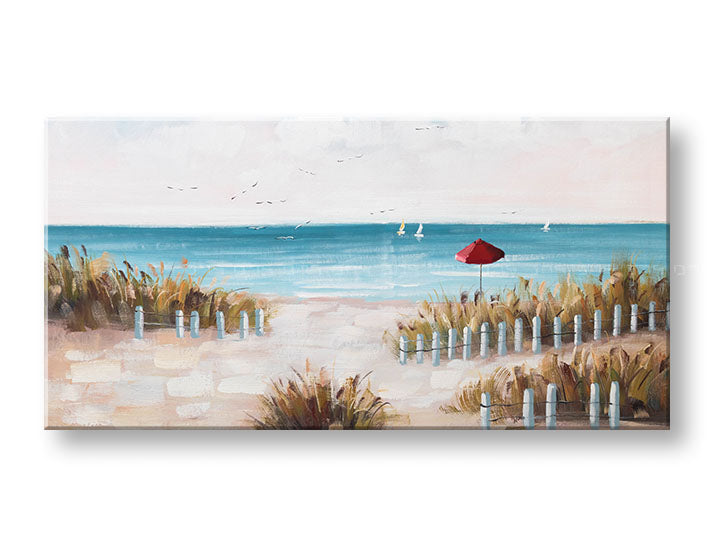 U boho stilu slika na platnu s motivom PLAŽA, okean, more i plaža u belo-bežih nijansama, mirna atmosfera, primorski život, pogodan za spavaće sobe – glavna