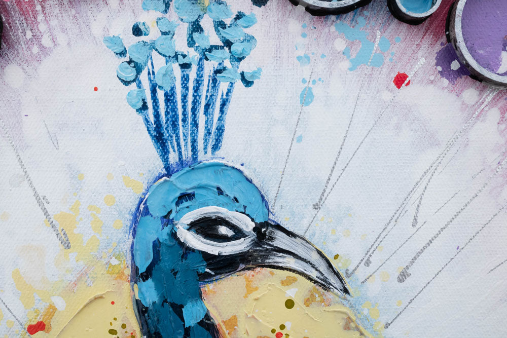 Pop art slika na platnu s motivom PAUN, ptica, životinja u višebojnih nijansama, živahna atmosfera, priroda i lepota, pogodan za dnevnog boravka | Slikana slika za zid PAUN – proizvod, pogled 3