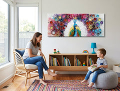 Pop art slika na platnu s motivom PAUN, ptica, životinja u višebojnih nijansama okačena u enterijeru dnevnog boravka, živahna atmosfera, priroda i lepota – enterijer