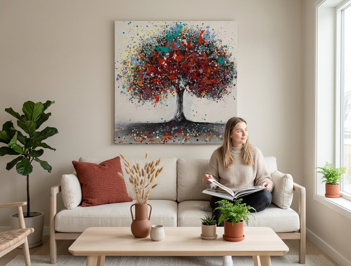 U boho stilu slika na platnu s motivom STROM, pejzaž, priroda u višebojnih nijansama okačena u enterijeru kancelarije, živahna atmosfera, rast i razvoj i priroda – enterijer