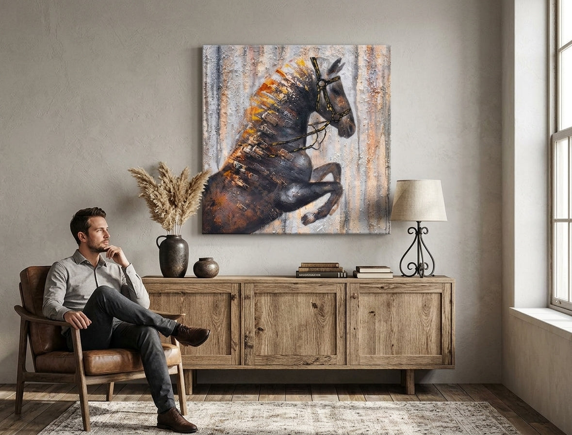 Moderan slika na platnu s motivom KONJ 75x75 cm, konj u smeđih nijansama okačena u enterijeru dnevnog boravka, rustikalna atmosfera, priroda i snaga | Slikana slika za zid KONJ 75x75 cm – enterijer