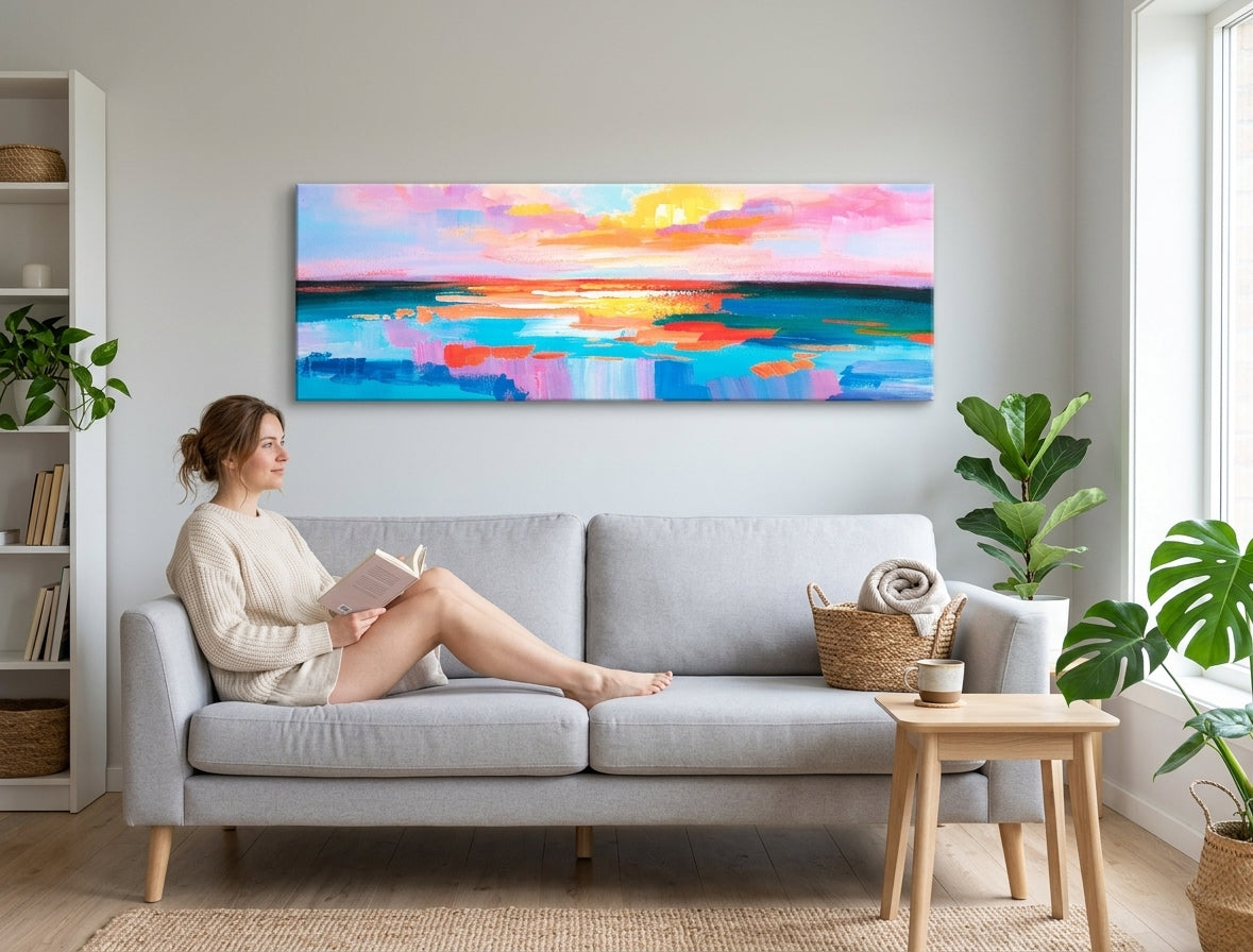 Pop art slika na platnu s motivom ZALAZAK SUNCA, okean, nebo, pejzaž u ljubičasto-plavih nijansama okačena u enterijeru kancelarije, mirna atmosfera – enterijer
