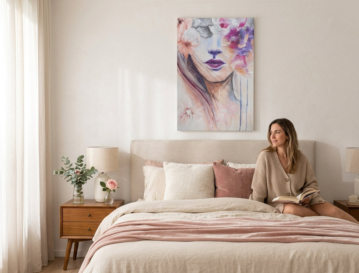 U boho stilu slika na platnu s motivom ŽENA, cveće, kosa, priroda u ljubičasto-narandžastih nijansama okačena u enterijeru spavaće sobe, eterična atmosfera – enterijer