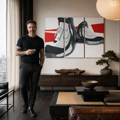 Ručno oslikane POP art čizme, čizme od 3 dela – слика у модерном мушком ентеријеру, lifestyle визуелизација. Доминантне боје: црна, бела, црвена.