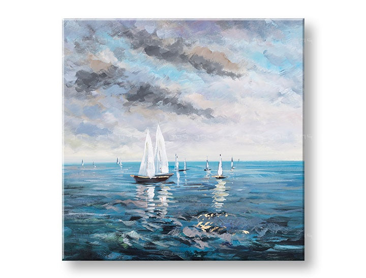 Mali pregled ručno slikane slike BRODOVI 70x70 cm na platnu. Brz uvid u motiv brodova i dominantne plave i sive nijanse.