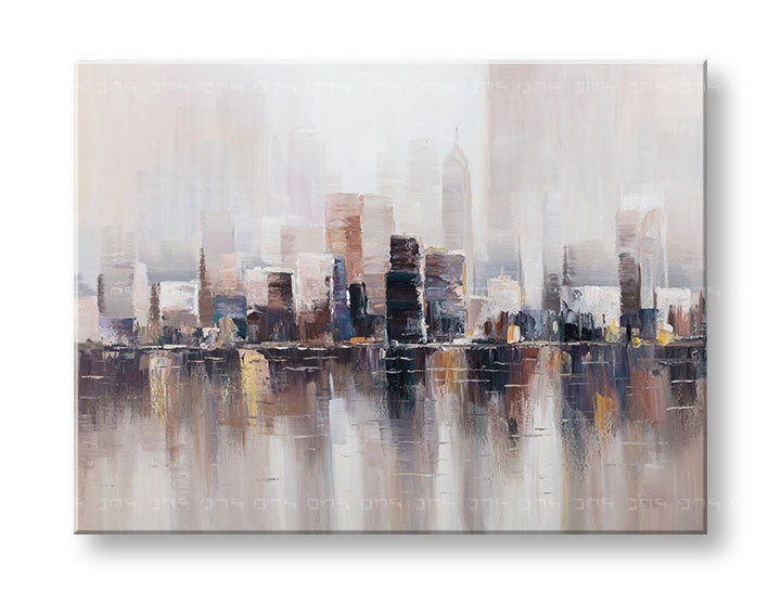 Mali pregled ručno slikane slike na platnu VELEGRAD, dimenzija 120x90 cm, prikazujući celokupan motiv urbanog pejzaža u bež, braon i zlatnim tonovima.