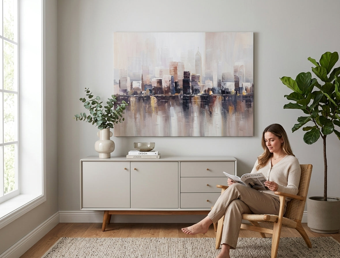 Elegantna ručno slikana slika VELEGRAD, 120x90 cm, visi na zidu u modernoj dnevnoj sobi, unoseći urbanu sofisticiranost i toplinu bež, braon i zlatnih nijansi.