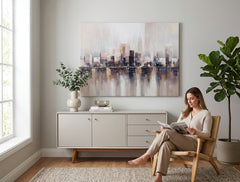 Elegantna ručno slikana slika VELEGRAD, 120x90 cm, visi na zidu u modernoj dnevnoj sobi, unoseći urbanu sofisticiranost i toplinu bež, braon i zlatnih nijansi.