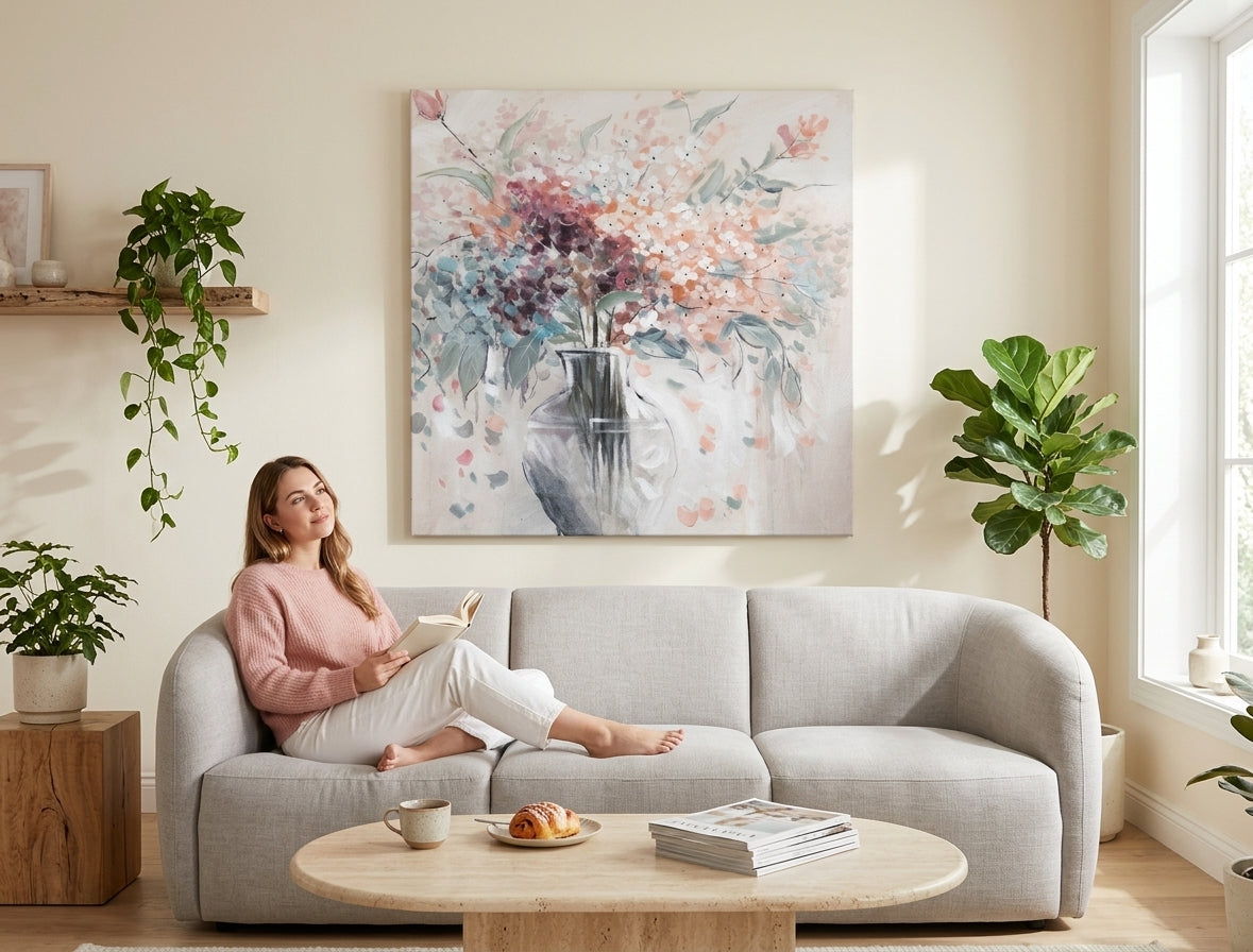 Moderan ručno slikani obraz cveća 80x80 cm, u živopisnim bojama, savršeno uklopljen u elegantan enterijer dnevne sobe.