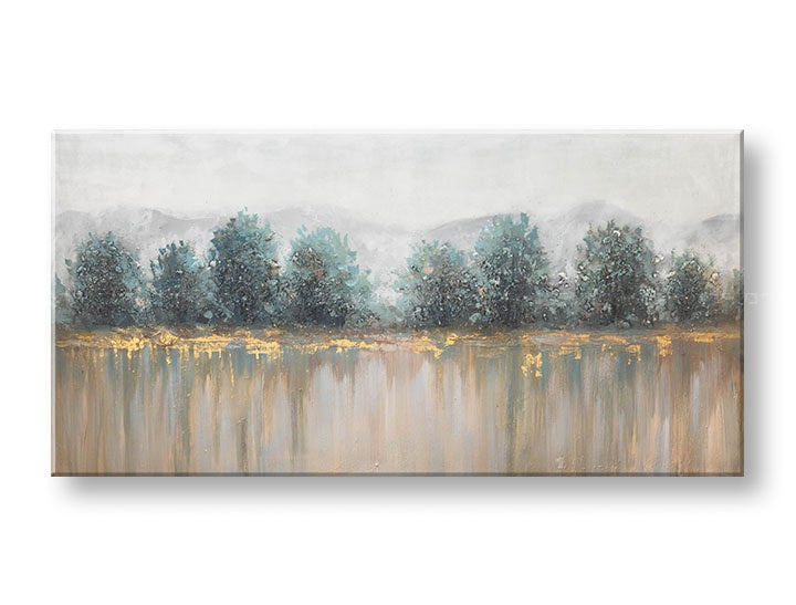 Mali prikaz ručno slikanog platna DRVEĆE, planine, priroda u belo-plavim nijansama, 140x70 cm. Pregled autentičnog umetničkog dela za vaš dom.