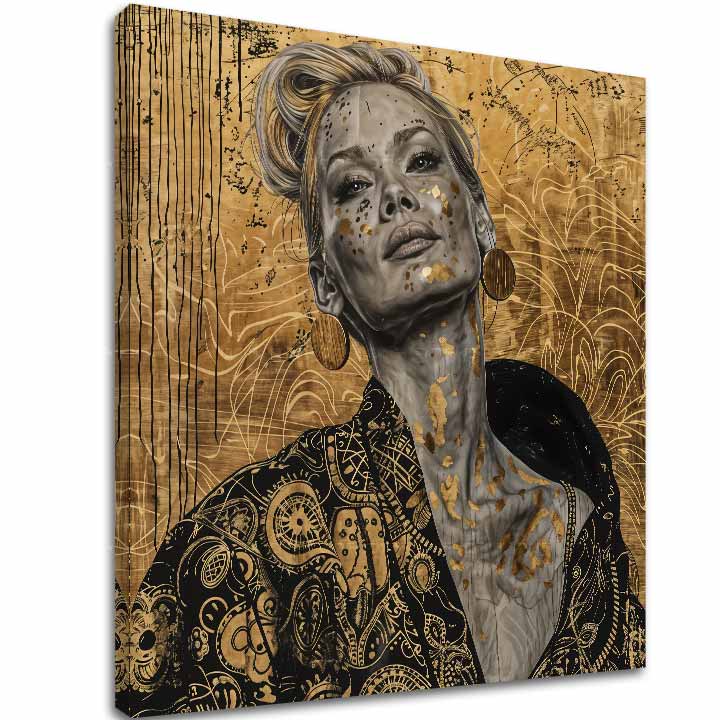 Detalj iz seta Mystická žena – Samopouzdanje, 3D canvas gallery-wrap platno ručno dotvoreno akrilnim bojama, ornamentalno ruho.