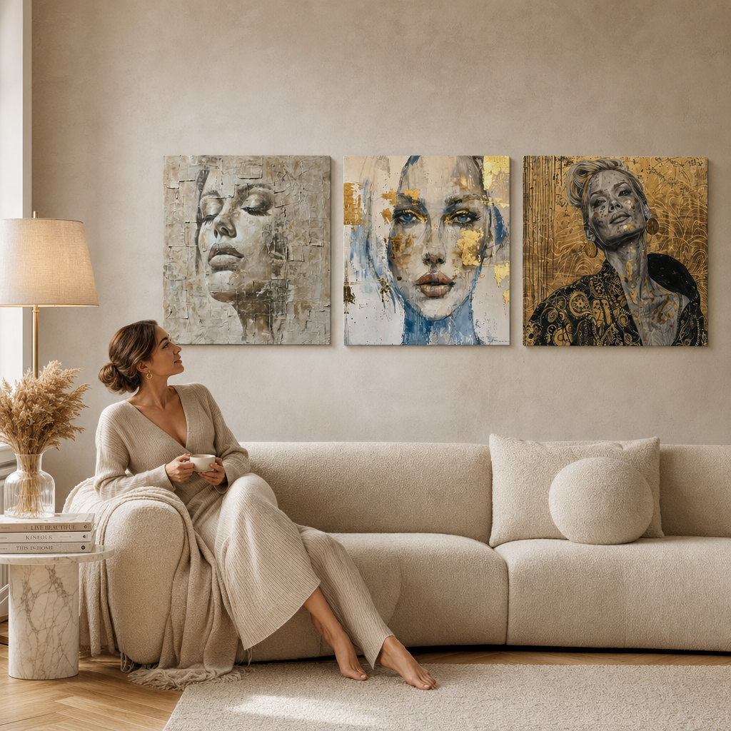 Papilora set 3 slike Mystická žena – Boginja, Pogled, Samopouzdanje – premium platna iznad sofe u elegantnoj dnevnoj sobi.