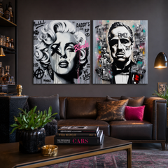 Set od 2 slike Filmske Legende iznad sofe u dnevnoj sobi – Marilyn Monroe i Kum u crno-belom pop-artu. Papilora.