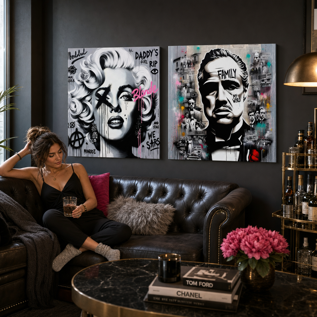 Set od 2 slike Filmske Legende iznad komode u dnevnoj sobi – Marilyn Monroe i Kum u street-art pop-artu.