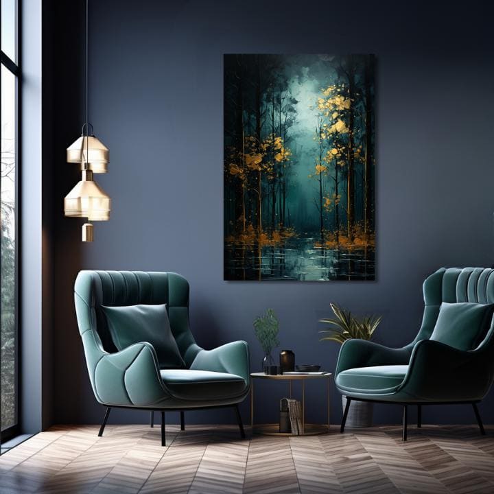 Slika Zlatna lisna fantazija u elegantnom enterijeru sa tirkiznim foteljama – set Zlatá príroda.
