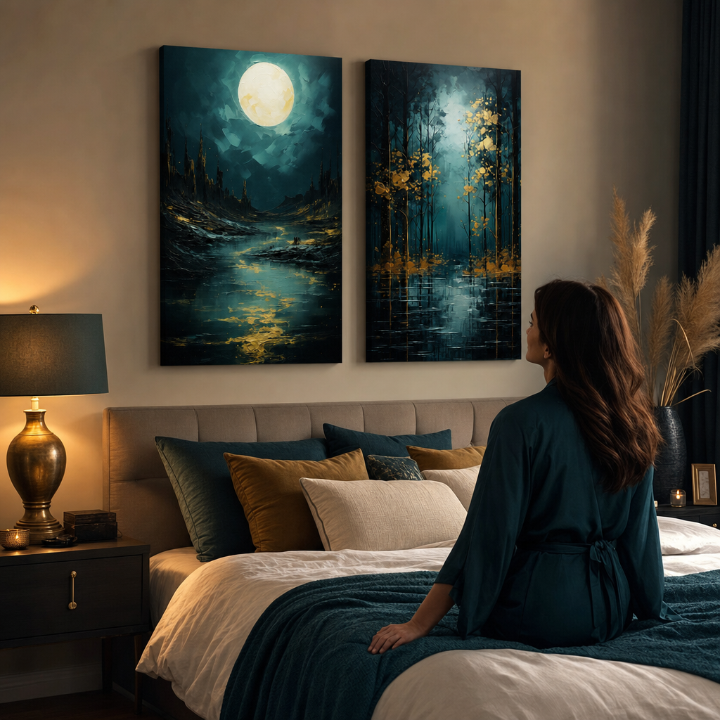 Set od 2 slike Zlatá príroda – Mesec nad tajanstvenim stenama i Zlatna lisna fantazija – platna iznad kreveta u elegantnoj spavaćoj sobi.