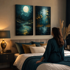 Set od 2 slike Zlatá príroda – Mesec nad tajanstvenim stenama i Zlatna lisna fantazija – platna iznad kreveta u elegantnoj spavaćoj sobi.