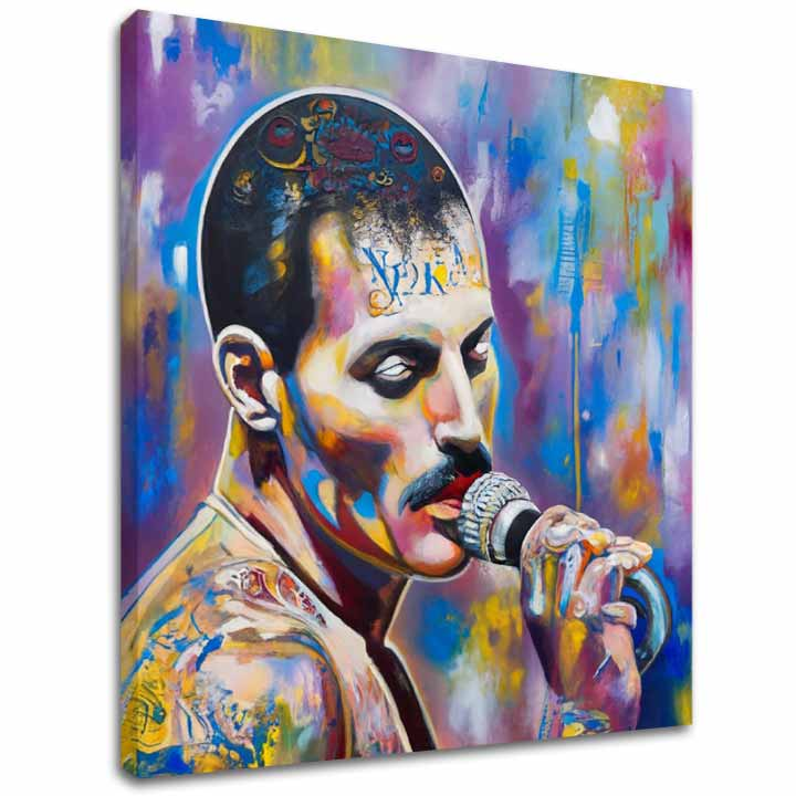 Slika Freddie Mercury – slikarski pop-art portret pevača Queen-a sa mikrofonom, "gallery-wrap" platno ručno dorađeno akrilom.