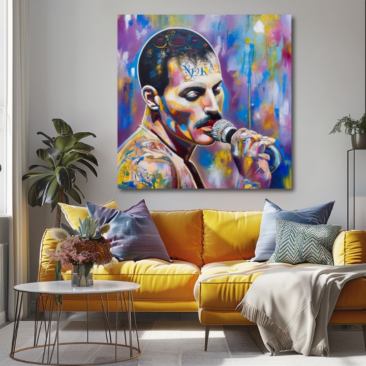 Slika Freddie Mercury iznad žute sofe u dnevnoj sobi – deo seta Rock Legends. Unikatna zidna dekoracija.