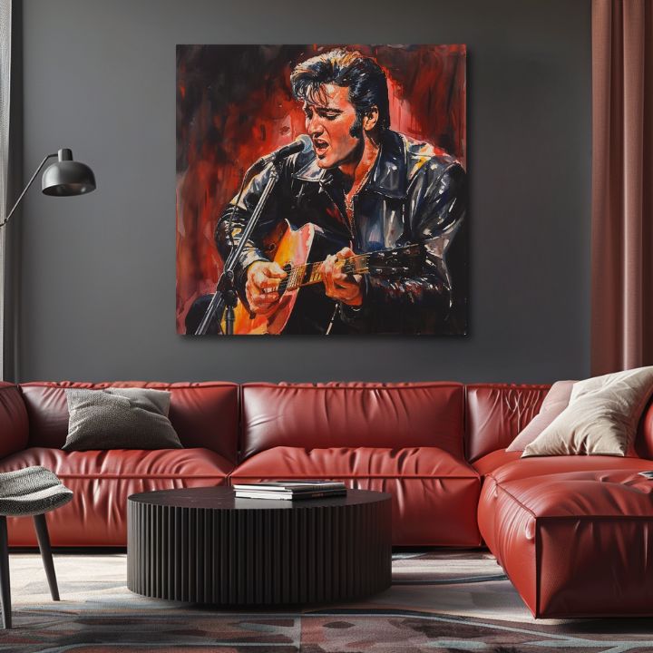 Slika Elvis Presley iznad crvene sofe u dnevnoj sobi – deo seta Rock Legends. Idealan triptih za zid.