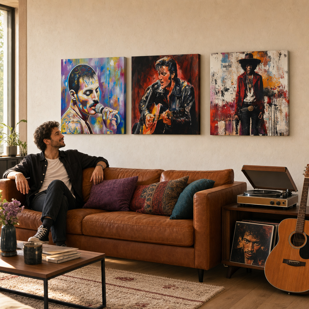 Set od 3 slike Rock Legends iznad sofe u dnevnoj sobi – Freddie Mercury, Elvis Presley, Jimi Hendrix. Papilora.