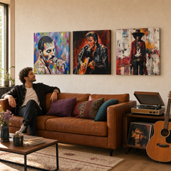 Set od 3 slike Rock Legends iznad sofe u dnevnoj sobi – Freddie Mercury, Elvis Presley, Jimi Hendrix. Papilora.