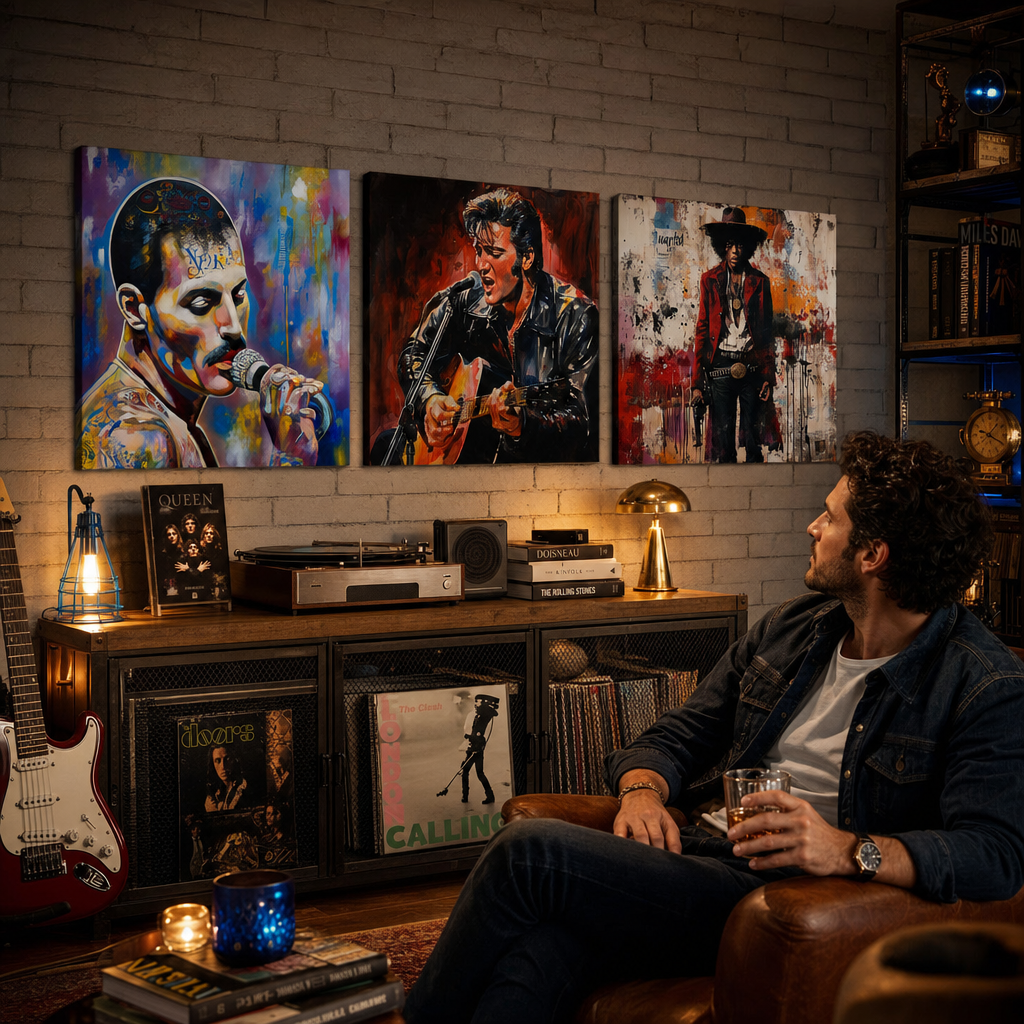 Set od 3 slike Rock Legends u muzičkoj sobi iznad komode – Freddie, Elvis, Hendrix. Savršena zidna umetnost.