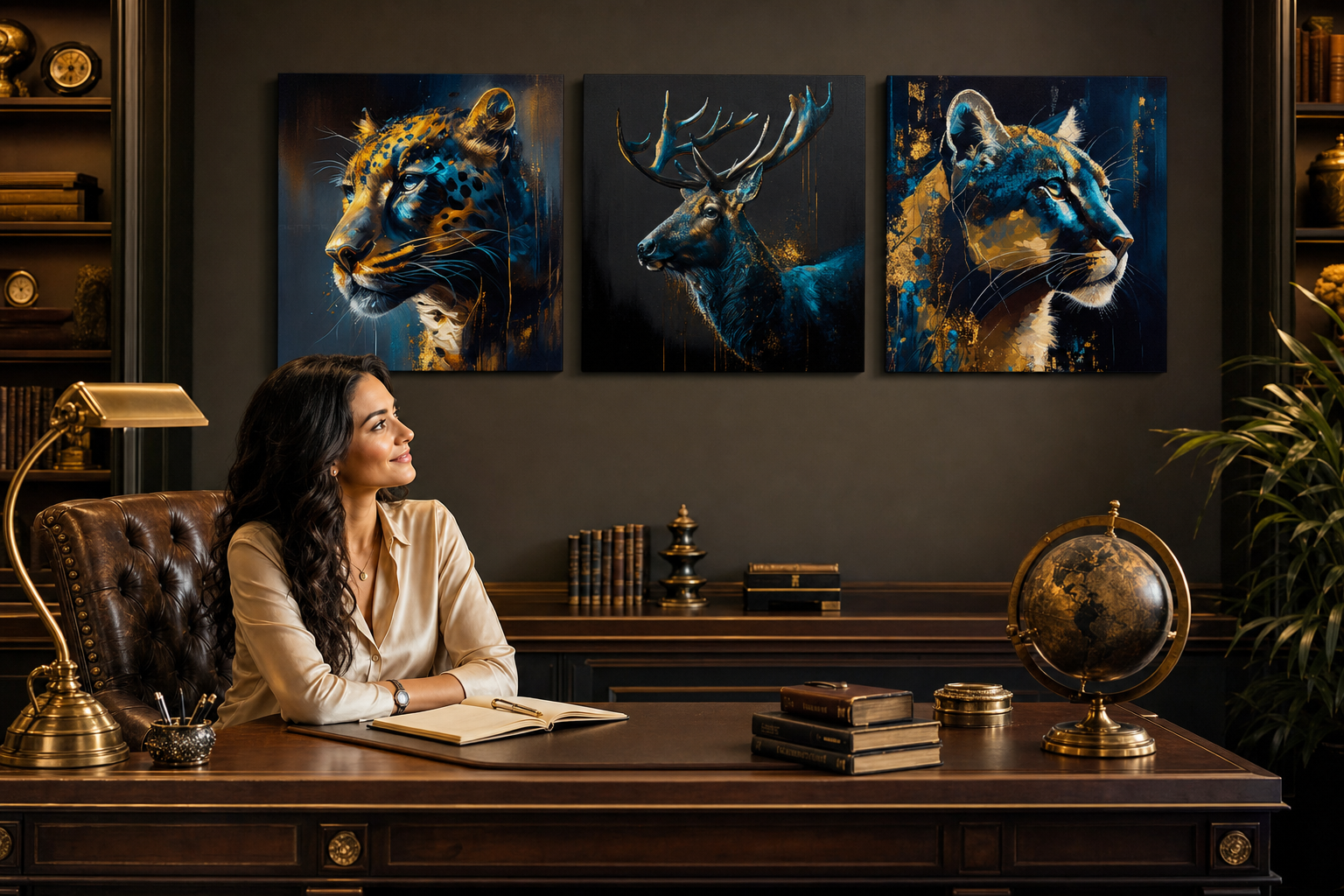 Set 3 slike Safari Gold – Jaguar, Jelen, Puma – premium gallery-wrap platno u luksuznoj radnoj sobi Papilora