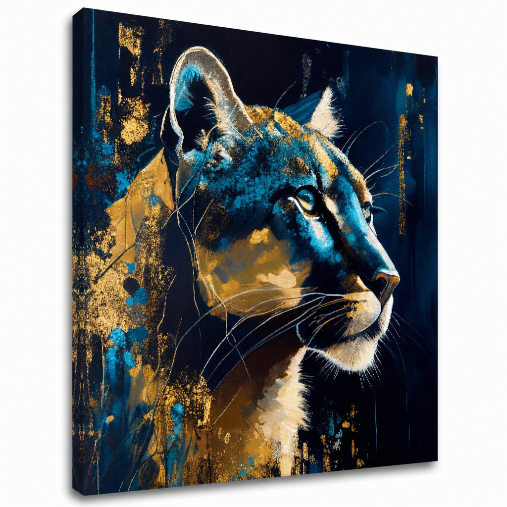 Slika na platnu Tihi pogled pume – modro-zlatna puma, gallery-wrap canvas iz seta Safari Gold