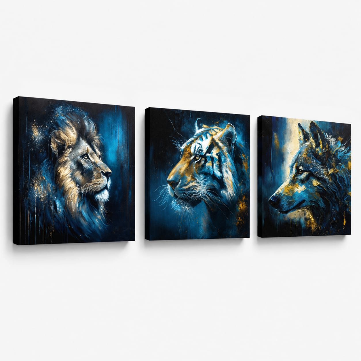 Set 3 slike Wild Kingdom – Lav, Tigar, Vuk – gallery-wrap platno na beloj pozadini, ručno dorađeno akrilom