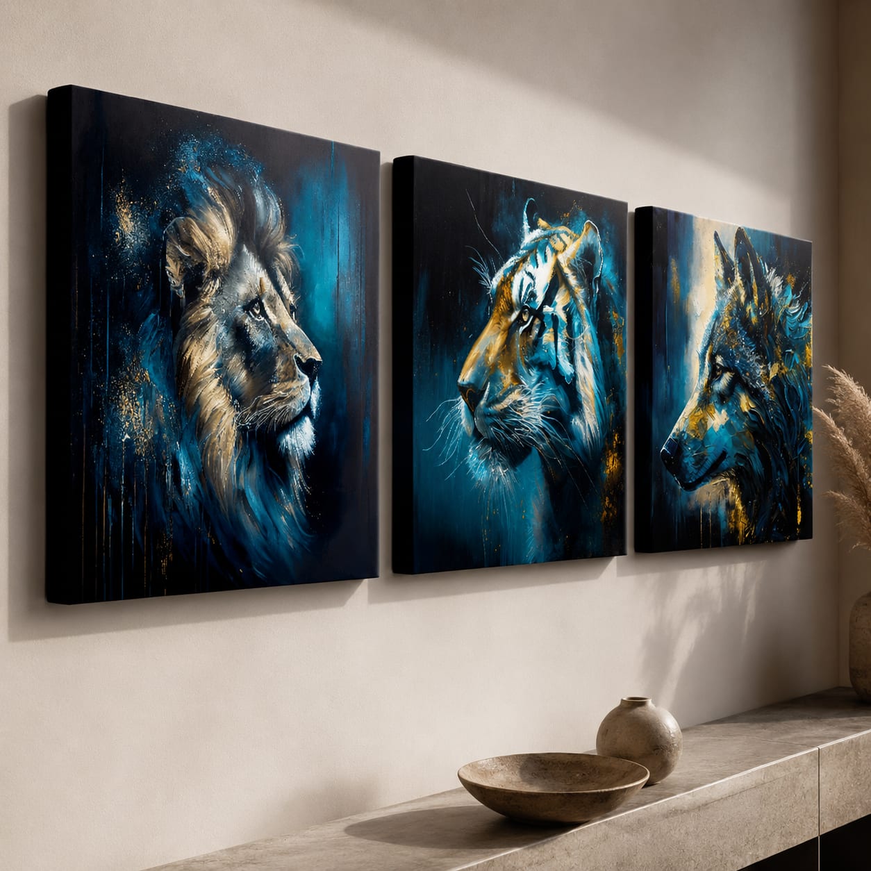 Set Wild Kingdom detalj – tri slike na zidu izbliza, vidljive gallery-wrap ivice i akrilni detalji