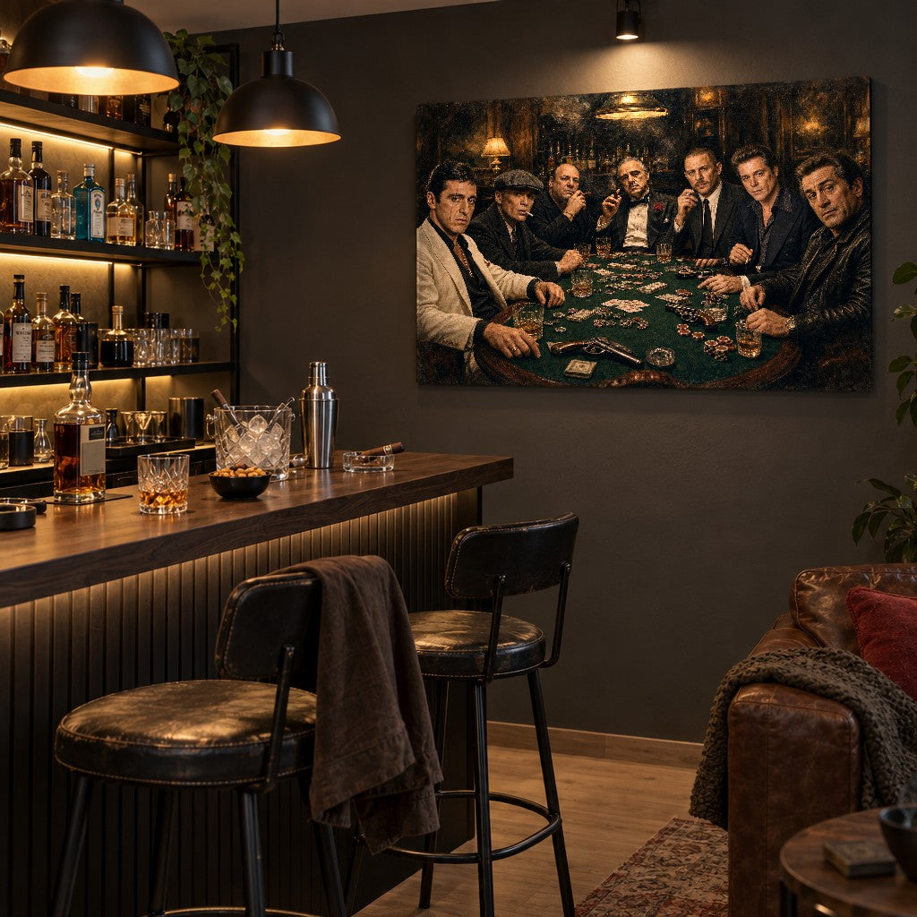 Moderna slika mafijaša za pokerom iznad kućnog bara sa viskijem, savršen detalj za muški enterijer.