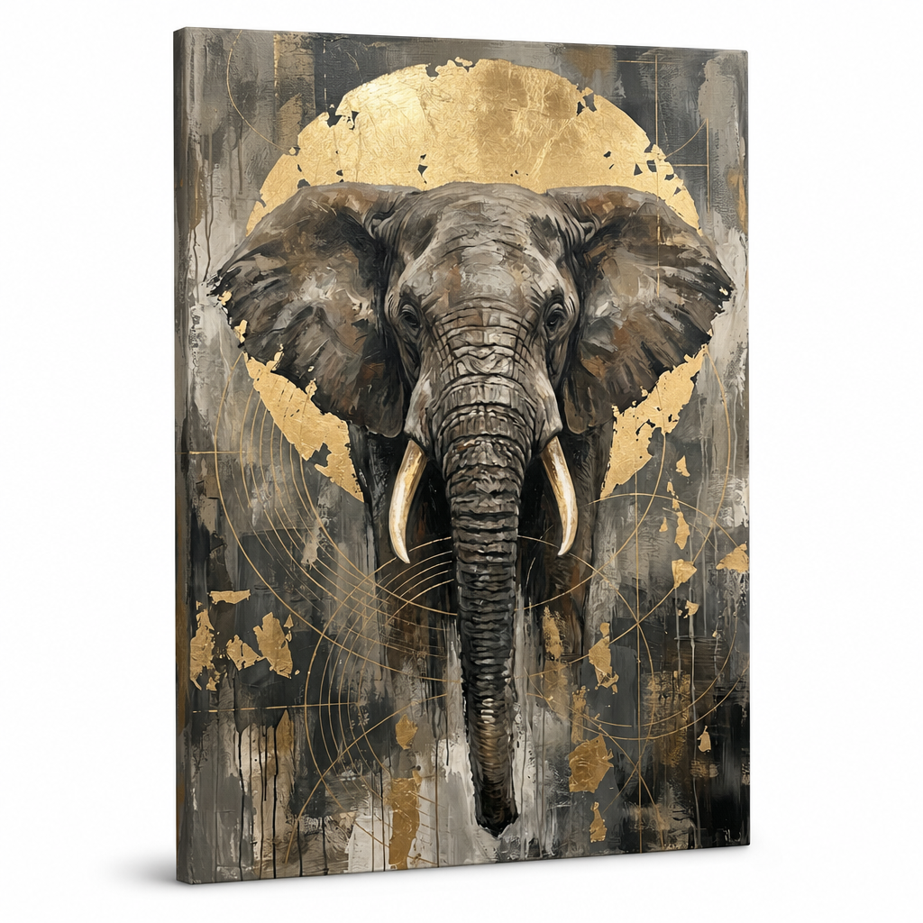 Portret afričkog slona na platnu sa zlatnim detaljima, 3D vizualizacija sa vidljivim drvenim ramom, Papilora Premium Art.