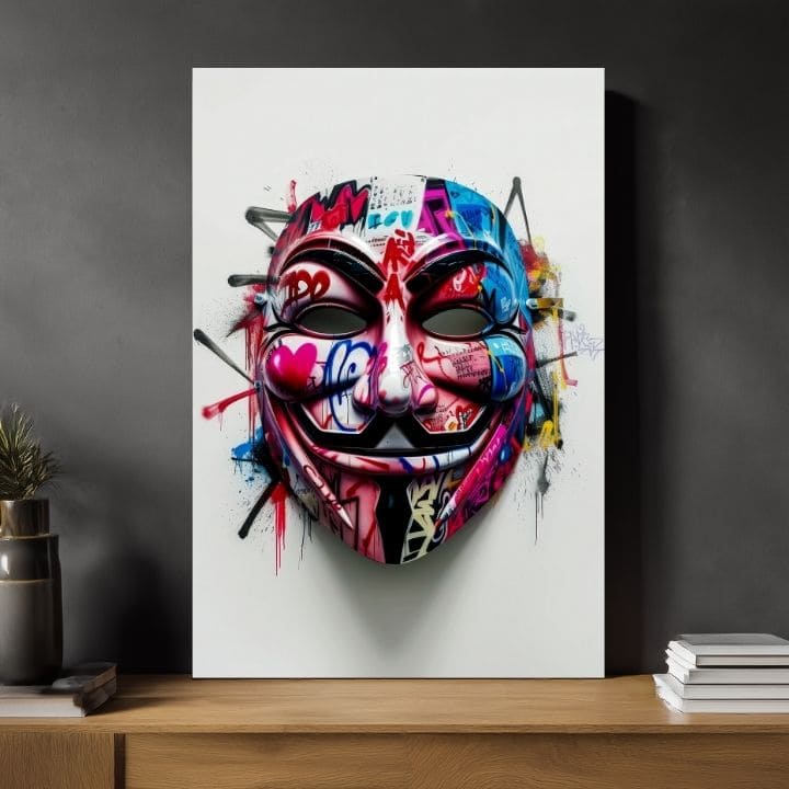 Moderan slika na platnu s motivom Anonymous Mask u belo-crnih nijansama, energična atmosfera | Slika Anonymous Mask – proizvod