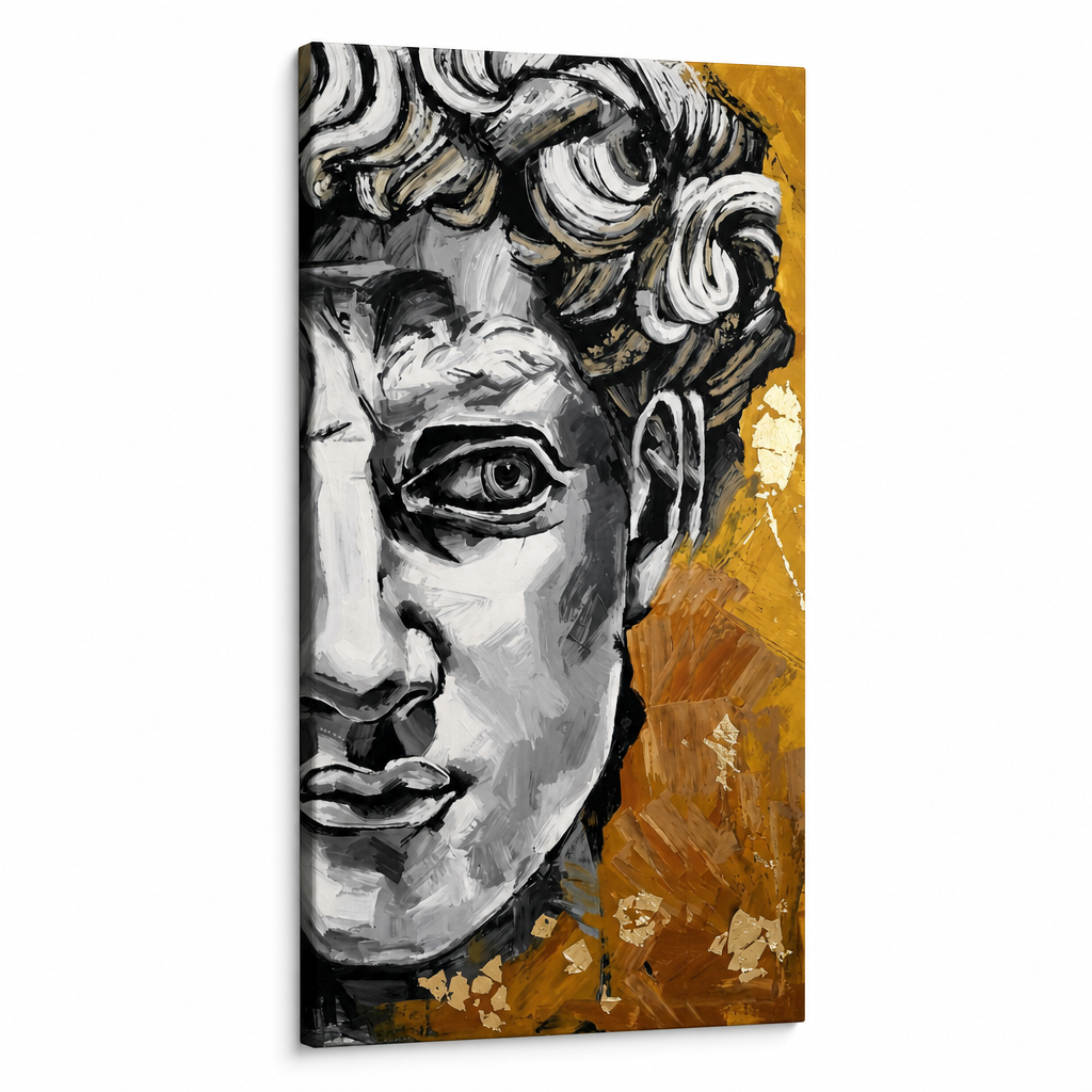 Stilizovan portret antičke statue Davida na platnu sa klasičnim crtama lica, dubokim pogledom i zlatnim detaljima, 3D prikaz rama, Papilora Premium Art.