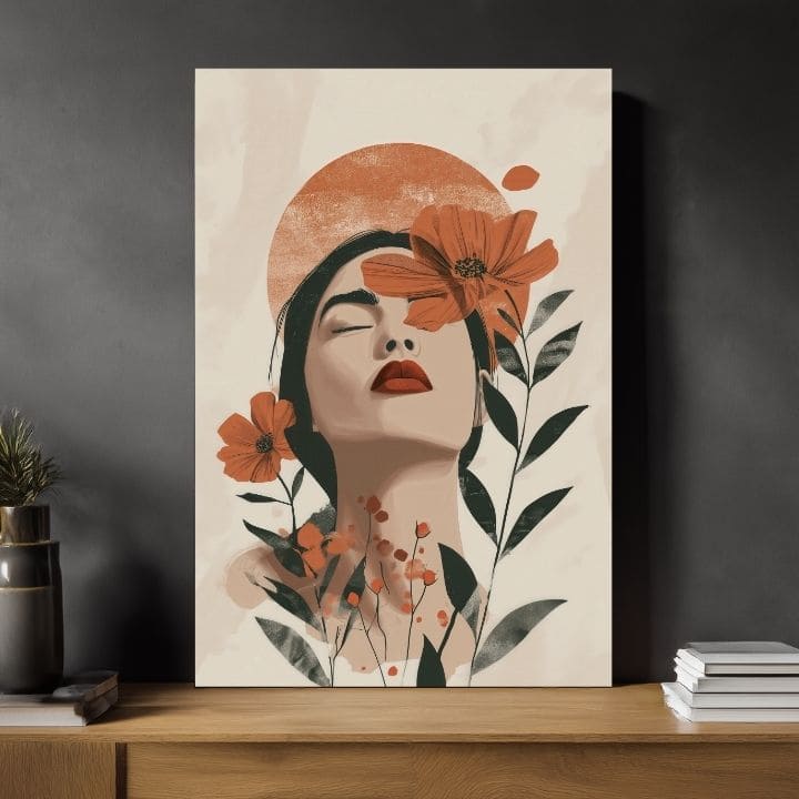 Moderan slika na platnu s motivom Blooming Soul, cveće, sunce, lišće u krem-narandžastih nijansama, mirna atmosfera, priroda i lepota | Slika Blooming Soul – proizvod