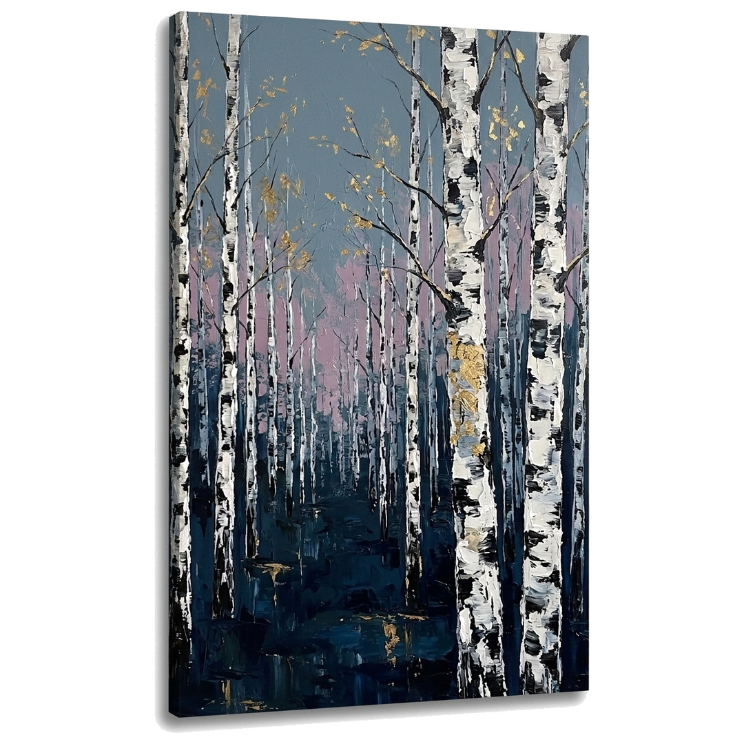 Slika brezova šuma na platnu — 3D vizuelizacija canvasa sa vidljivim drvenim ramom, Papilora Premium Art.
