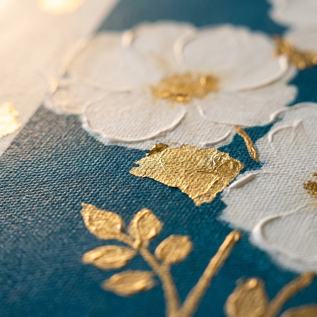 Makro detalj ručno oslikanih impasto poteza akrilnom bojom na površini cvetova, vidljiva tekstura i reljef — Papilora Crafted for Home.