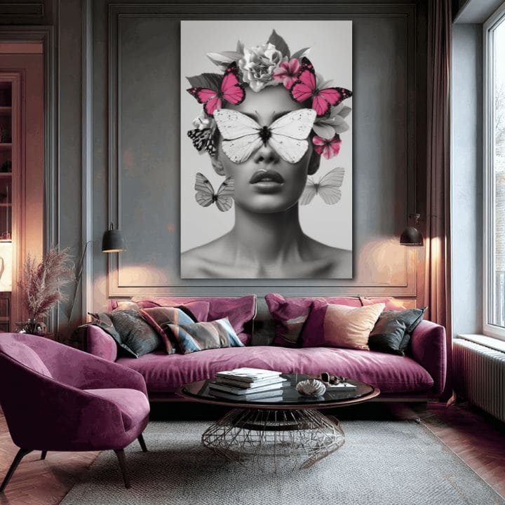 Moderan slika na platnu s motivom Butterfly Vision, leptiri, cveće u belo-crnih nijansama, eterična atmosfera, lepota i snovi | Slika Butterfly Vision – proizvod, pogled 2