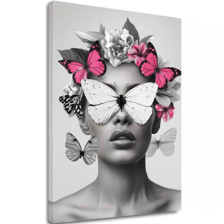 Moderan slika na platnu s motivom Butterfly Vision, leptiri, cveće u belo-crnih nijansama, eterična atmosfera, lepota i snovi | Slika Butterfly Vision – glavna