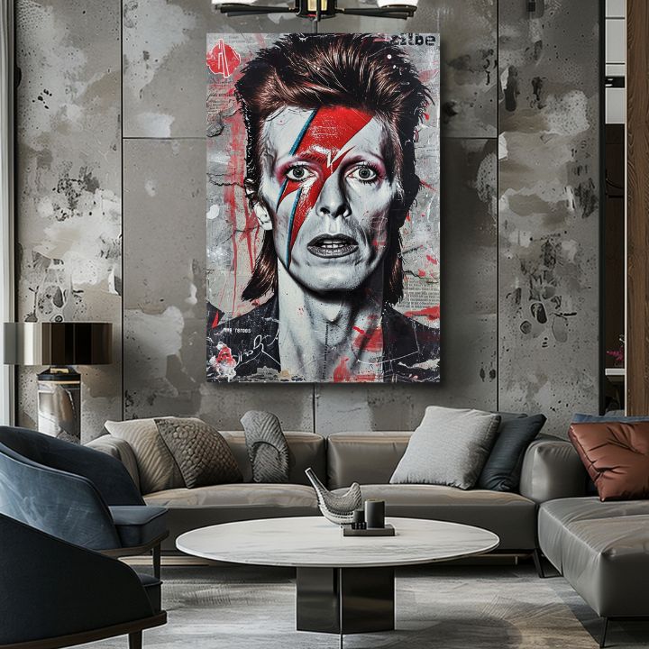 Moderan slika na platnu s motivom Davida Bowieho - Ikona hudby i štýlu u belo-crnih nijansama, intenzivna atmosfera, muzička istorija i ikonografija – proizvod