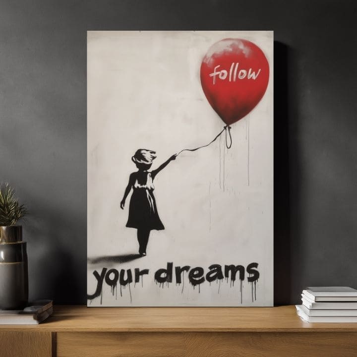 Moderan slika na platnu s motivom Heart Balloon Girl, balon, srce u belo-crnih nijansama, melanholična atmosfera, n��dej | Slika Heart Balloon Girl – proizvod, pogled 2
