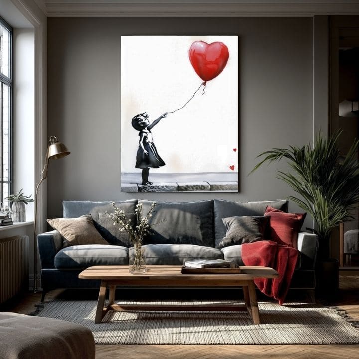 Moderan slika na platnu s motivom Heart Balloon Girl, balon, srce u belo-crnih nijansama, melanholična atmosfera, nádej | Slika Heart Balloon Girl – proizvod