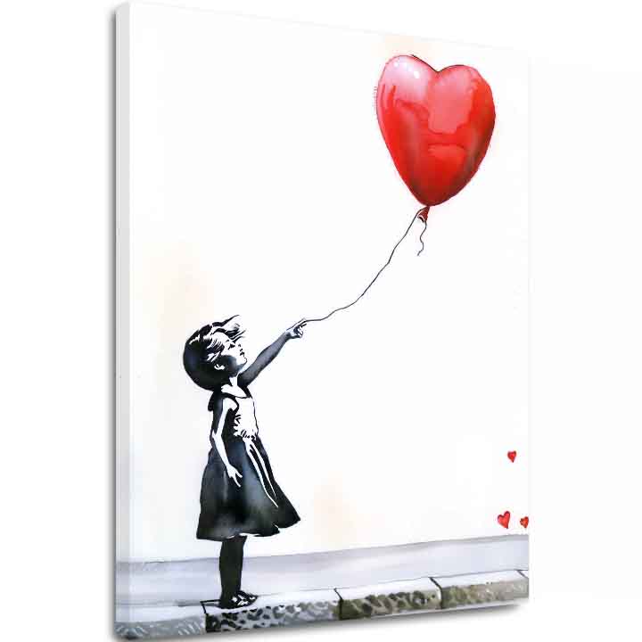 Moderan slika na platnu s motivom Heart Balloon Girl, balon, srce u belo-crnih nijansama, melanholična atmosfera, nádej | Slika Heart Balloon Girl – glavna