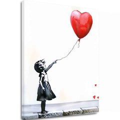 Moderan slika na platnu s motivom Heart Balloon Girl, balon, srce u belo-crnih nijansama, melanholična atmosfera, nádej | Slika Heart Balloon Girl – glavna